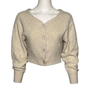 Snidel Cardigan Sweater Wool Fox Hair Ivory/Beige Jewel Crystal Buttons One Size